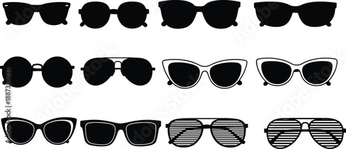 Stylish collection of twelve sunglasses silhouettes featuring diverse frame shapes — ideal for fashion design, eyewear catalogs, product mockups, and trend presentations.