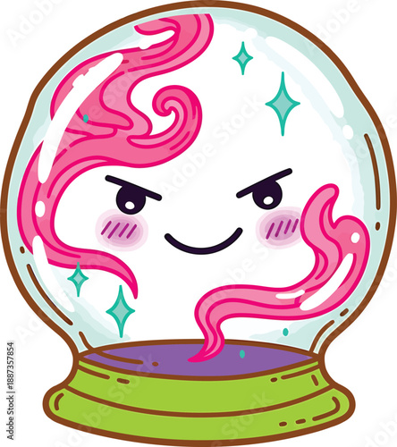 Cute Kawaii Fortune Teller Crystal Ball Mascot Character with Pink Swirls and Stars