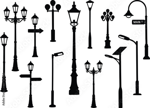 Collection of Victorian Street Lamp Silhouettes, Vintage Gas Lanterns, Modern Solar Light Poles, and Urban City Road Lighting Elements for Design.