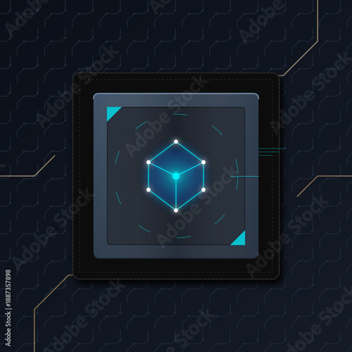 Futuristic CPU Microchip Processor with Glowing Holographic Cube Interface and Digital Data Circuit Background