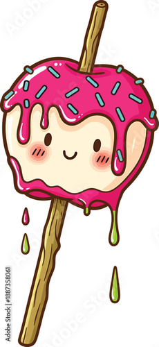 Cute Kawaii Candy Apple Character with Pink Frosting and Sprinkles