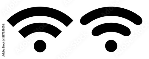 Two vector WiFi symbols in black showcasing rounded and angular signal, designs for wireless internet or connectivity illustrations.