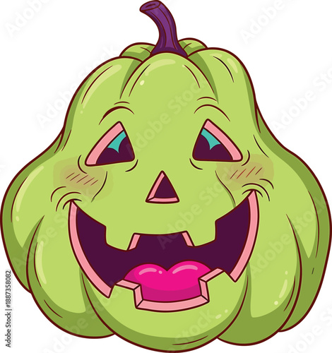 Funny Green Halloween Pumpkin Character with Big Smile Funny Face