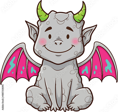Cute Cartoon Gargoyle Griffin Baby with Wings and Horns, Fantasy Creature