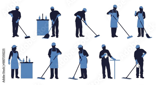 Cleaners and janitors in various poses with cleaning supplies and equipment, isolated.