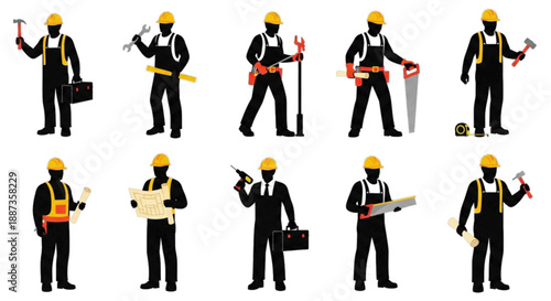 Construction workers with tools and blueprints, isolated on white background.