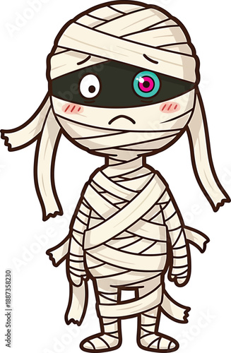 Cute Cartoon Mummy Character with Big Eyes, Embarrassed Expression