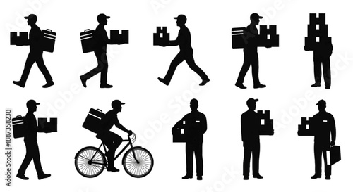 Delivery people silhouettes carrying boxes and riding a bike, isolated on white.