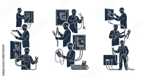 Electricians performing electrical work with tools and equipment, isolated.