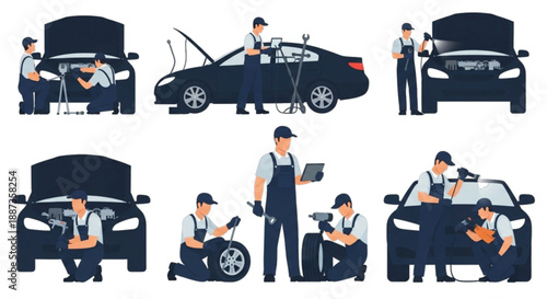 Car mechanics working on vehicles with tools, isolated on white background.