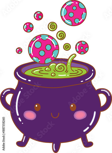 Cute Kawaii Witch Cauldron Boiling Potion Bubbles Halloween Graphics