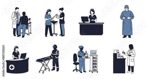 Medical professionals and healthcare staff with equipment, isolated on white.