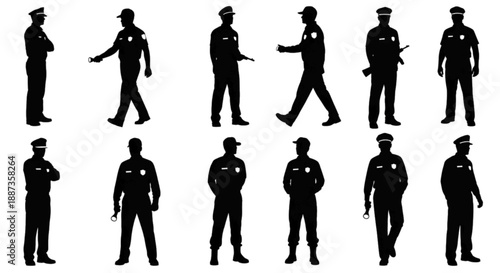 Police officers in various stances and actions, isolated on white background.