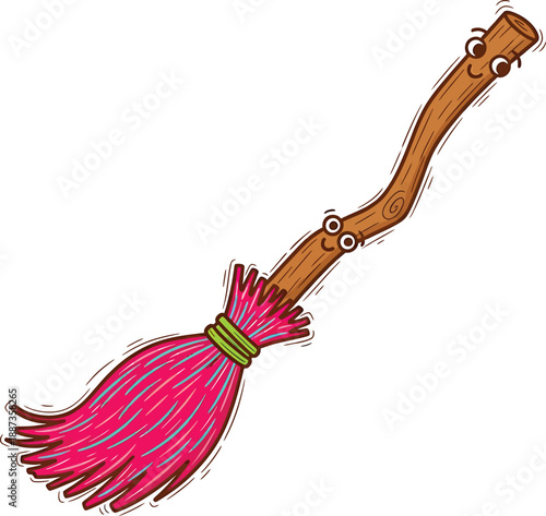 Cute Cartoon Witch Broomstick with Happy Faces, Flying Broom for Halloween and Fantasy