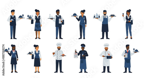 Restaurant staff, chefs, and waiters serving food and drinks, isolated.