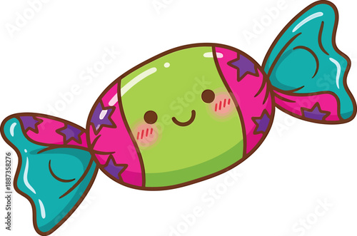 Cute Kawaii Candy Character with Smiling Face, Pink and Green Wrapping with Stars