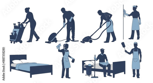 Housekeeping and cleaning service staff with supplies and bed, isolated.