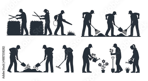 Gardening and yard work activities, planting, mowing, and blowing, isolated.