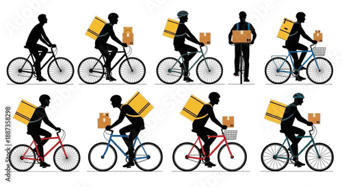 Bicycle delivery couriers with packages, various bikes and styles, isolated.