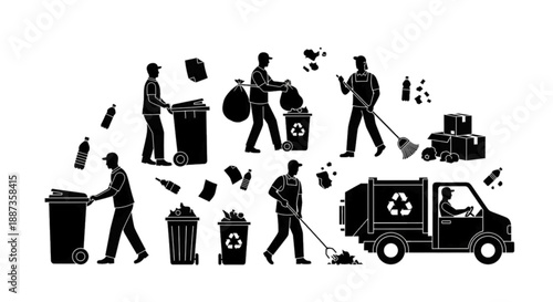 Waste management and recycling workers with truck, illustration, silhouette style