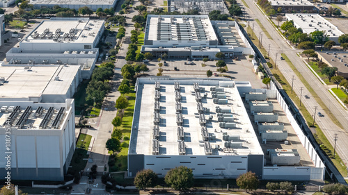 Aerial view modern data center industrial park technology, AI hub.