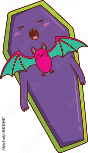 Cute Bat on Coffin, Halloween Cartoon Illustration, Vampire Theme, Spooky Cute