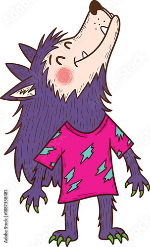 Cute cartoon werewolf howling at the moon, wearing a pink torn t-shirt