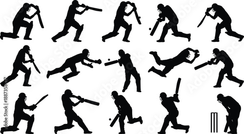 Cricket Player Silhouettes Set Featuring Batsmen Hitting Ball Wicketkeeper Catching and Professional Athletes Action Poses for Sports Design and Graphics