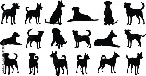 Black Silhouette Vector Set of Various Dog Breeds in Different Poses Including Sitting Standing and Lying Down Isolated on White Background