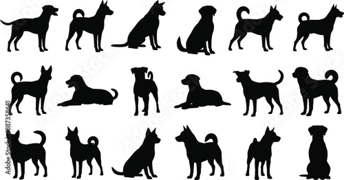 Collection of Black Dog Breed Silhouettes in Various Poses Including Standing Sitting and Lying Down Isolated Vector Illustration Set for Design