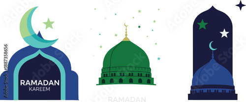 Ramadan mosque dome illustration, Islamic crescent moon art, spiritual celebration graphic, festive holy month design, colorful vector, flat style