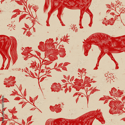 Seamless Red Horse and Blossom Toile Pattern on Beige Background, Vintage Engraved Line Art