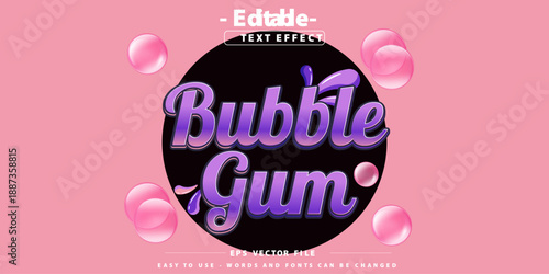 Purple bubble gum text, editable text effect.