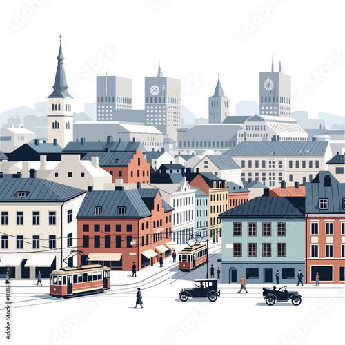 Miniature Cityscape with Buildings and Vehicles.