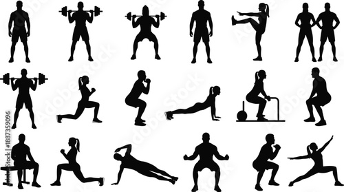 Large collection of male and female fitness silhouettes performing various gym exercises including weightlifting squats and lunges on white background