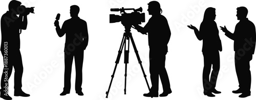 Set of professional media silhouettes including news reporter television cameraman photographer and journalists conducting interview for broadcast isolated on white background