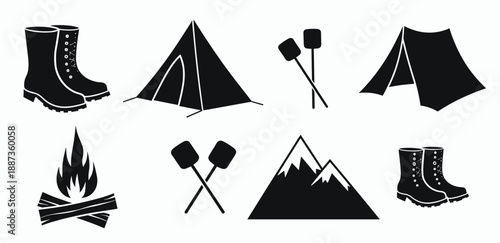 black and white camping icons featuring tents campfire