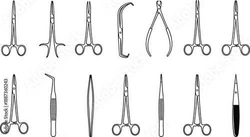 Set of various surgical instrument icons including medical scissors forceps tweezers and clamps for healthcare surgery procedures isolated on white background