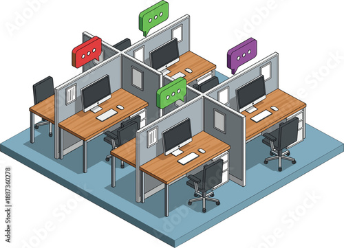 Isometric modern office cubicle workspace illustration with computer desks chairs and colorful speech bubbles for business communication concept