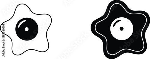Black and white vector illustration set featuring a fried egg in minimalist silhouette and line art styles for breakfast food and cooking design,