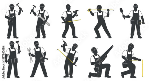 Silhouettes of Construction Workers with Tools and Measuring Devices
