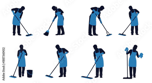 Illustrations of Cleaners with Mops, Brooms, and Buckets