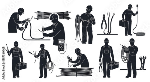 Silhouettes of Electricians Working with Wires, Tools, and Equipment