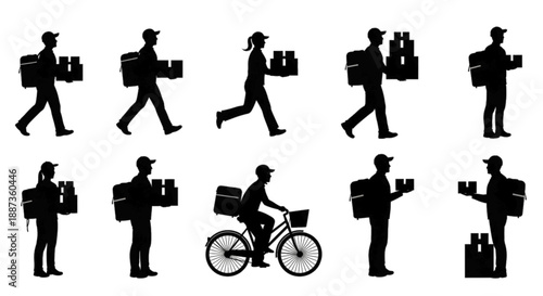 Silhouettes of Delivery People Carrying Packages and Riding a Bicycle