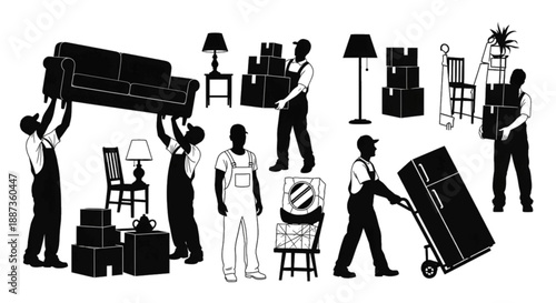 Silhouettes of Movers Handling Furniture, Boxes, and Appliances
