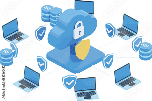 Isometric cloud computing security concept featuring protected data servers blue laptops network shields and a central lock icon.
