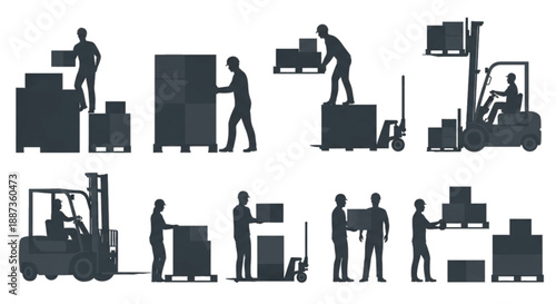 Silhouettes of Warehouse Workers Loading and Moving Boxes with Equipment