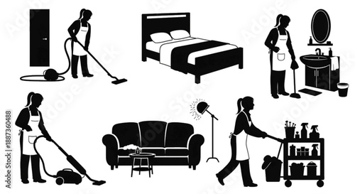Illustrations of Housekeeping Staff Cleaning Rooms and Furniture