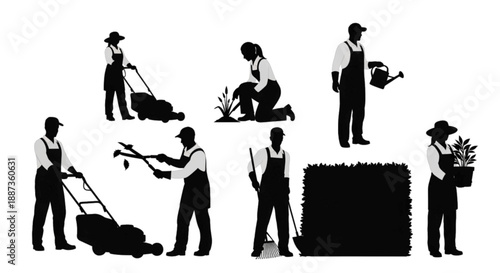 Silhouette of Gardeners Performing Various Landscaping and Yard Work Tasks