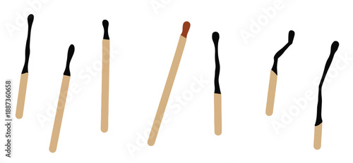  burnt match set for lighting fire new and charred wooden 